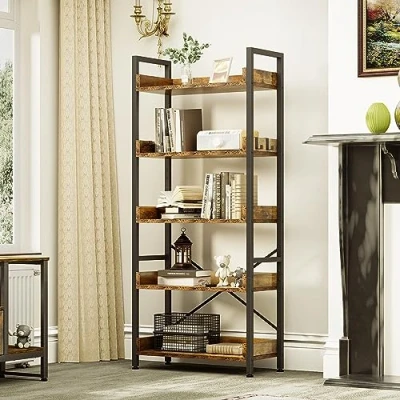 Image of YITAHOME Bookcase 5 Tiers, Floor Standing Book Shelf, Wooden Shelf and Stable Steel Frame Shelving Units with 4 Hooks Industrial Storage for Living Room, Home Office, Rustic Brown Bookshelf