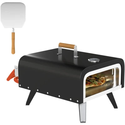 Image of Outsunny Outdoor Tabletop Gas Pizza Oven with 12&quot; Stone and Peel, Portable Maker Thermometer, Foldable Legs, Handle, Hose Regulator, Black