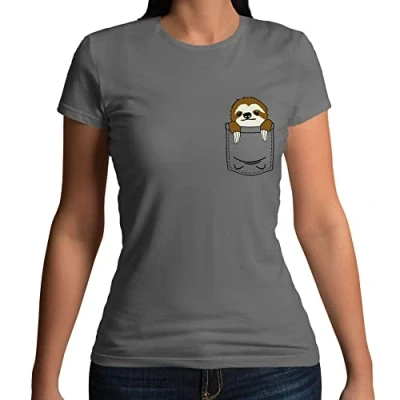 Image of Womens Pocket Sloth Mini Pet Cute Funny T Shirt Charcoal Grey UK 12 14 (XL)