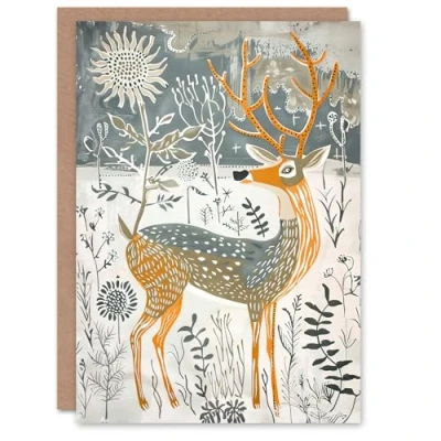 Image of Artery8 Greeting Card Woodland Deer in Snow Wildflowers Winter Folk Art Blank For All Him Or Her Birthday