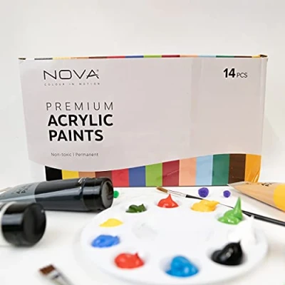 Image of Nova Premium Acrylic, Set of 14 Classic Colours, 120 ml Tubes, Rich Pigments, Fading, Non Toxic, Paints for Artists &amp; Hobby Painters, Art Supplies, Multi, (Pack 14)
