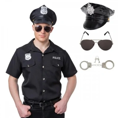 Image of Police Shirt (Black) + Deluxe U.S Cop Hat Aviator Sunglasses Metal Handcuffs : Adult Mens Officer Fancy Dress Costume (XL)