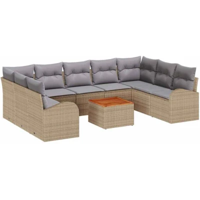 Image of vidaXL 10 Piece Garden Sofa Set with Cushions Beige Poly Rattan Acacia