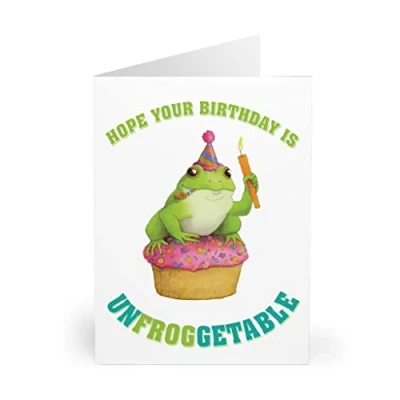 Image of Unfrogettable Birthday Card Whimsical Frog with Party Hat and Cake, Cute Animal Greeting, Blank Inside for Personal Message