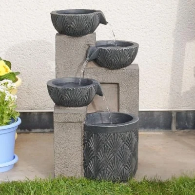Image of Festive Lights 42cm Grey LED Lit Hybrid Stone Effect Cascading Bowls Water Feature Solar, USB &amp; Mains Powered, Indoor Outdoor Garden Fountain, Timer Function, Polyresin, External Panel, IP44 Rated