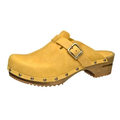 Image of Sanita Kristel Open Clog Original Handmade Leather Wooden Clogs for Women Sustainable Sole, Mustard Yellow, 7 UK
