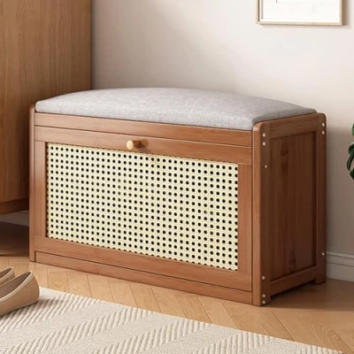 Image of VSTQNXR Rattan Shoe Bench Entryway Bench, Rack With Adjustable Shelf, Wooden Storage Benches Linen Seat Cushion, Sitting Seat, For Hallway And Bedroom(Brown,70 * 24 44cm)