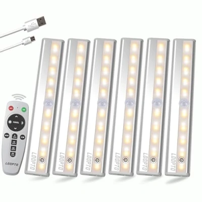 Image of LDOPTO Rechargeable Under Cupboard Kitchen Lights 6 Pack with Remote, Cabinet Wardrobe Lights, Battery Wireless led Stick On Remote/Touch Control 3 Colors