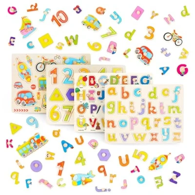 Image of THE TWIDDLERS 4 Wooden Jigsaw Peg Puzzles, Early Learning Toys for Kids and Toddlers, Perfect School Classrooms