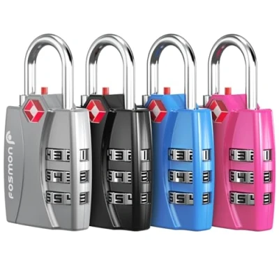 Image of Fosmon TSA Accepted Luggage Locks, (4 Pack) Open Alert Indicator 3 Digit Combination Padlock Codes with Alloy Body for Travel Bag, Suit Case, Lockers, Gym, Bike Locks Black, Blue, Pink, and Silver…