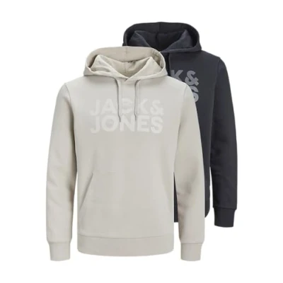 Image of JACK &amp; JONES Men&#039;s Jjecorp Logo Sweat Hood 2pk Mp Noos Sweatshirt, Black/Pack: w. Moonbeam (Tone in Tone), XL