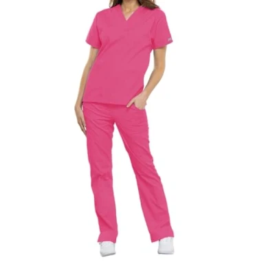 Image of CHEROKEE Women Woman Scrub Top Originals Medical Clothing with Pockets V Neck WWE4700 Shocking Pink XXS