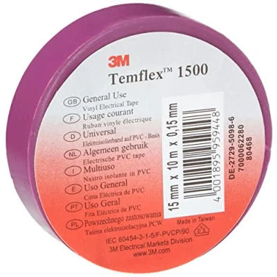 Image of 3 m TVIO1510 Temflex 1500 Vinyl Electrical Insulation Tape, 15 mm x 10 Self Adhesive Disk Wallet Purple