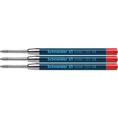 Image of Schneider Writing Instruments, Ballpoint Pen Refills, Slider 755 XB, Colour: red, Pack of 3 Blister Cards.