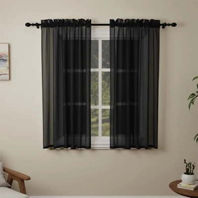 Image of Pacok Black Voile Curtains, 54 Drop 2 Panels Net Curtain for Windows, Rod Pocket Sheer Panel Curtains Living Room Kitcken Bedroom W56xL54 Inch(Black, 142 x 137cm)