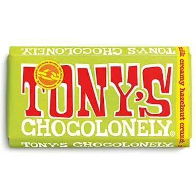 Image of Tony&#039;s Chocolonely Milk Creamy Hazelnut Crunch Chocolate Bar 180g, Chocolate, Gift, Vegetarian Belgian Fairtrade
