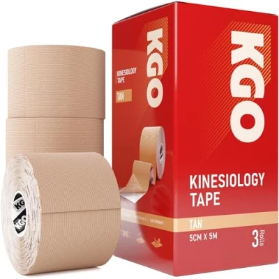 Image of KGO Kinesiology Tape Tan, Sports Elastic for Muscle and Joint Support, Kinesio Tape, K Physio 5cm x 5m, Box of 3