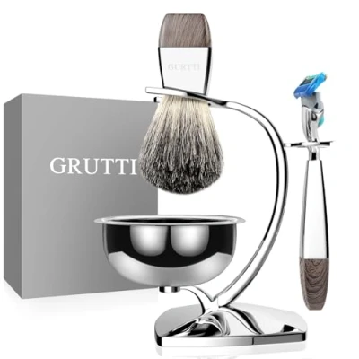 Image of GRUTTI Shaving Brush Kit for Men, 4 in 1 Razor and Stand with Soap Bowl &amp; Badger Hair Safety Compatible Fusion 5, Traditional Wet Close