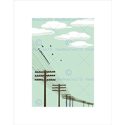 Image of Wee Blue Coo Painting Flock Birds Telegraph Poles Wire Wall Art Print