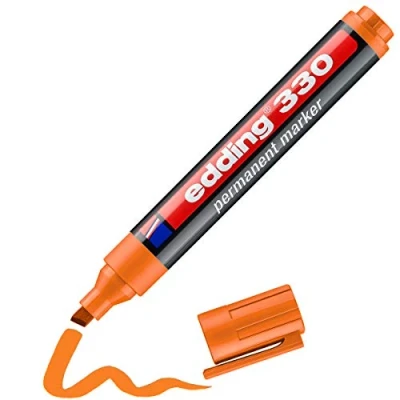 Image of edding 330 permanent marker orange 1 pen chisel tip 5 mm waterproof, quick drying, smear proof pens for cardboard, plastic, glass, wood, metal and fabric