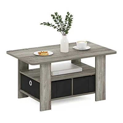 Image of Furinno Andrey Coffee Table with Bin Drawer, French Oak/Black, 80 (W) x 39.6 (H) 48.3 (D) cm