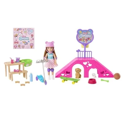 Image of Barbie Toys, Chelsea Doll and Accessories, Skatepark Playset with 2 Puppies, Skate Ramp, Scooter, Sticker Sheet 15+ Additional Pieces