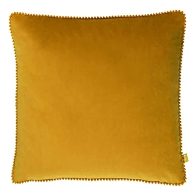 Image of furn. Cosmo Square Velvet Pom Trimmed Feather Filled Cushion Yellow One Size