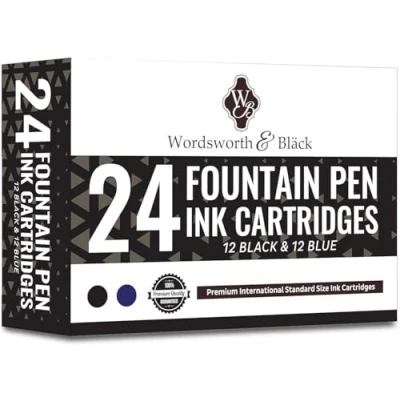 Image of Wordsworth &amp; Black 24 Pack Fountain Pen Ink Refills Set of 12 Blue Cartridges International Standard Size Length APPR 3.75 CM Base Diameter 0.6 Disposable and Generic