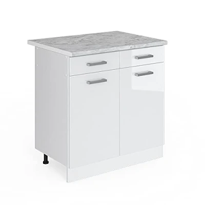 Image of Vicco Kitchen base cabinet Raul, White High Gloss/White, 80 cm, WT Marble