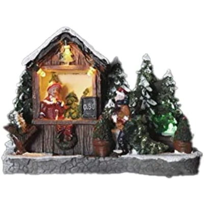 Image of Marco Paul Christmas Tree Seller Scene Musical Decorations with Colour Changing LED Light Battery Operated Ornaments Fairy Lights And Sounds Festival Village