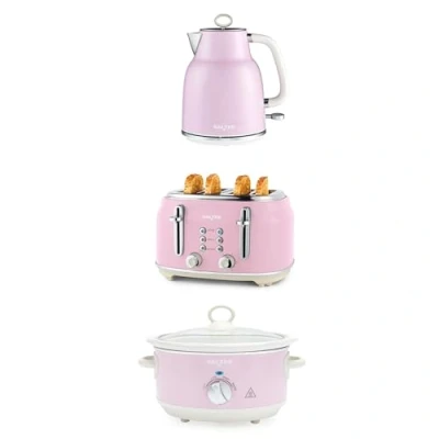 Image of Salter Retro Kettle, Toaster &amp; Slow Cooker Set 4 Slice Toaster, 6 Browning Levels, 1.7L Rapid Boil 3.5L Electric Cooker, Dishwasher Safe Ceramic Pot, 3 Heat Settings, Pink, COMBO 9507