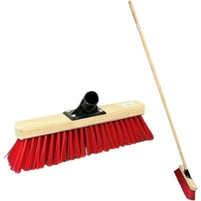 Image of 12 30cm Stiff Broom Outdoor Yard Brush with Synthetic PVC Hard Bristle Durable Support Bracket &amp; 120cm Wooden Handle Heavy Duty Garden Sweeping (RED)