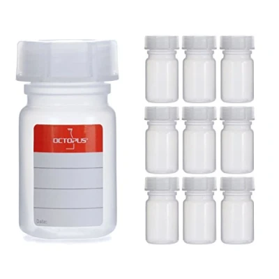 Image of 10x 50 ml wide neck bottles made of LDPE with screw cap, empty chemistry bottles, laboratory lid as storage container for laboratory, kitchen or hobby