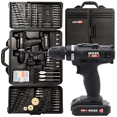 Image of MYLEK MYBMC092 18V Cordless Drill Electric Driver Set, Lithium Ion Battery, 18 Volt Combi Screwdriver Pack, Black, 151 DIY Piece Accessory Kit and Carry Case