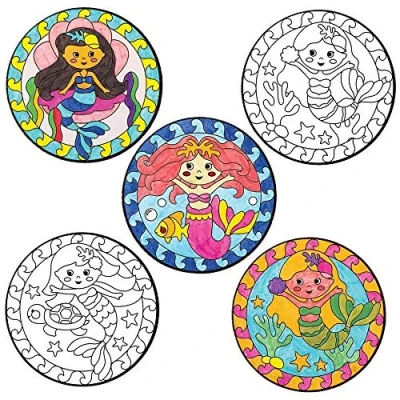 Image of Baker Ross FE165 Mermaid Colour in Window Decorations Pack of 15, Suncatcher Stained Glass Effect for Children to Make and Display