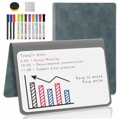 Image of Whiteboard A5 Light Blue Small Notebook Mini Desk with 11 Erasable Pens to do List White Board for School Office Supplies Accessories (Light NotePad Multi Pens, 1 Pack)
