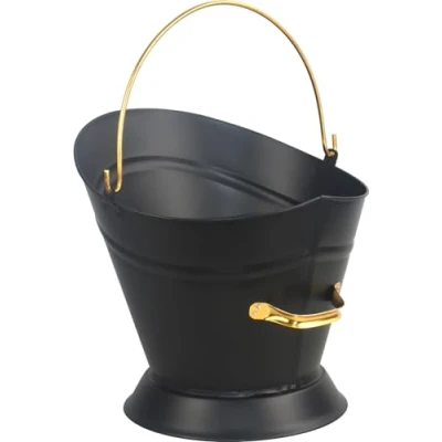 Image of Black Metal Fireplace Round Coal Scuttle Bucket Hod with Gold Colour Handles 37cm