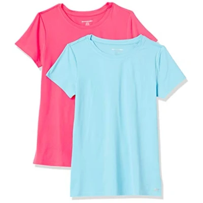 Image of Amazon Essentials Women&#039;s Tech Stretch Short Sleeved Crew Neck T Shirt (Available in Plus Size), Pack of 2, Blue/Neon Pink, S