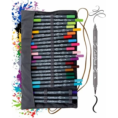 Image of Online Calli.Brush Handlettering brush pens Set of 24 Calligraphy kit in roll pouch tip &amp; for Bullet Journal, Hand Lettering Water colours Aquarell