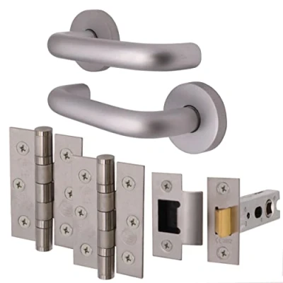 Image of EAI Return to Door Lever on Rose Handle, Hinges &amp; Latch Kit Aluminium 76mm Hinge