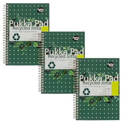 Image of Pukka Pad, Recycled A5 Writing Pad Pack of 3 Wirebound Notebooks with 110 Pages 80GSM FSC Paper 8mm Lines and Perforated Margins