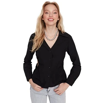 Image of Trendyol Women&#039;s Woman Regular Standard V Neck Woven Shirt, Black, 36