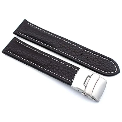 Image of Sulla Genuine Leather Watch Strap with Stainless Steel Deployment Clasp White Stitching, dark brown, 22 mm, Strap.
