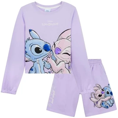 Image of Disney Stitch Girls Tracksuit Set for Kids Teenagers 2 Pcs Crewneck Sweatshirt &amp; Jogger Shorts with Pockets Comfy Activewear Loungewear (7 8 Years, Lilac)
