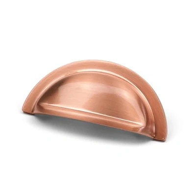 Image of Satin Copper Kitchen Cup Handle Rose Gold Half Moon Cabinet Cupboard Door Drawer Pull 76mm Fixing Centres Furniture Upcycle Replacement Knob