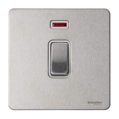 Image of Schneider Electric Ultimate Screwless Flat Plate Single Light Switch with Neon Indicator, Double Pole, 32A, GU4431WSS, Stainless Steel White Insert