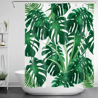Image of LB Green Leaf Shower Curtain Tropical Forest Monstera Leaves on White Curtains Botanical Plant Bath Waterproof Anti Mould Polyester Fabric Short Set with Hooks,59x71 inch
