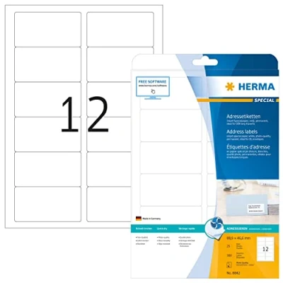 Image of HERMA Self Adhesive Inkjet Address Labels, 12 Labels per A4 Sheet, 25 Sheets, 88.9 x 46.6 mm, 300 Blank Mailing Stickers, Sticky for Printer, White