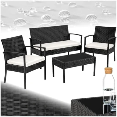 Image of tectake PolyRattan Chair Set, Modern Design, Perfect for Garden, Balcony, Lounge, Conservatory, Includes Soft Seat Cushions and Glass Table Top, Durable Rattan Garden Furniture black