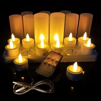 Image of 12pcs Flameless Candles, Rechargeable Tea Lights Candle with Charging Base,Flickering Working 40 Hours Tealights Remote for Valentine&#039;s Day Christmas Halloween Wedding Outdoor Party Decor